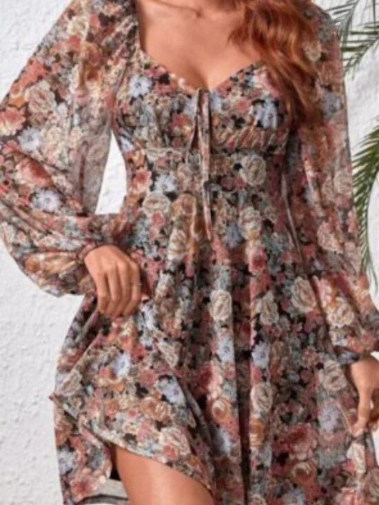 Dresses & Skirts - B134 Floral Print Puff Sleeve Dress Mini Black NEW